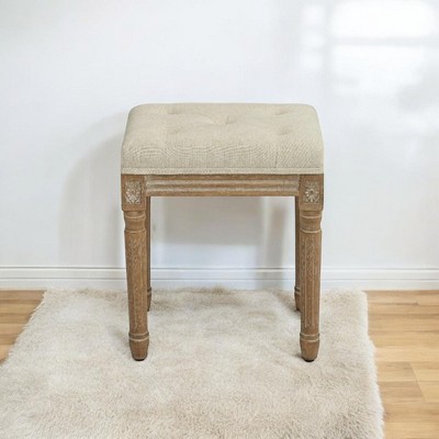 Alilang 16.10 inch Vintage-Style Tufted Upholstered Stool with Carved Wood Detailing-Beige