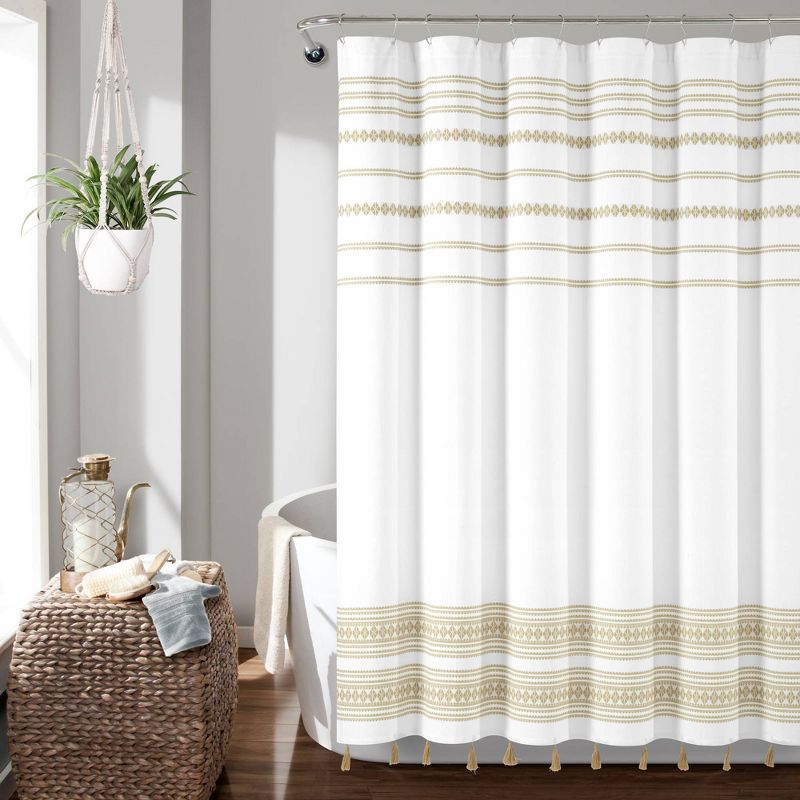 72&#34;x72&#34; Breezy Chic Tassel Jacquard Eco-Friendly Recycled Cotton Shower Curtain Natural - Lush D&#233;cor, 1 of 6