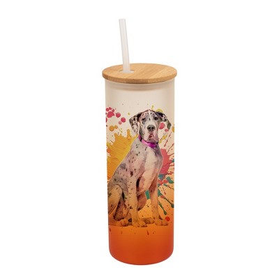100 North 25 Ounce Frosted Glass Gradient Travel Tumbler With Straw & Wooden Lid, Great Dane Dog Paint Splatter Orange
