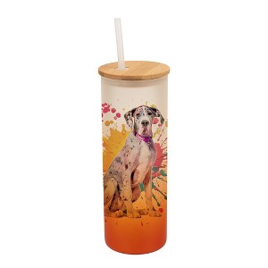 100 North 25 Ounce Frosted Glass Gradient Travel Tumbler With Straw & Wooden Lid, Great Dane Dog Paint Splatter Orange - 1 of 4