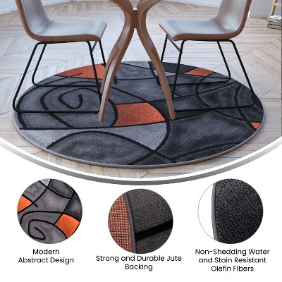 Orbit Orange 5' Round Abstract Olefin Rug with Jute Backing