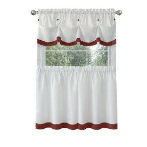 Kate Aurora Country Living Farmhouse 3 Pc Solid Cafe Kitchen Curtain Tier & Tucked Valance Set - 1 of 3