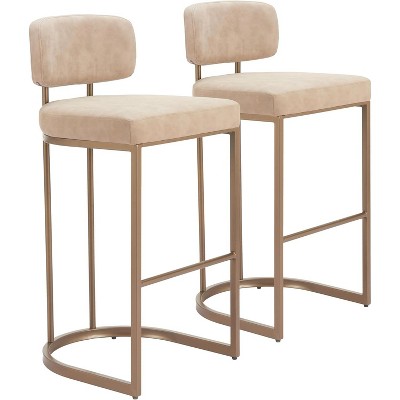 Beige Faux Leather 38.6" H Barstools Set of 2, Powder-Coated Steel with Ergonomic Footrest by Zuo Modern