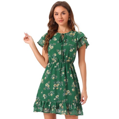 Allegra K Women's Ruffle Sleeve Self-tie V Neck Mini A-line Floral ...