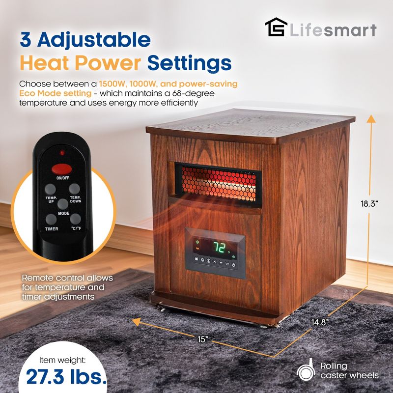 LifeSmart LifePro 1500 Watt Portable Electric Infrared Quartz Space Heater for Indoor Use with 6 Heating Elements, Wheels, and Remote, Brown Oak Wood, 3 of 7
