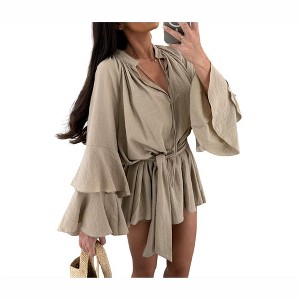 Clearlove Women's V-Neck Relaxed Fit Dress with Asymmetrical Hem & Tie Detail - 1 of 4