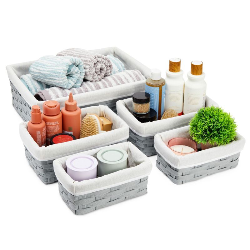 Juvale 5-Piece Grey Woven Nesting Baskets with Cloth Lining for Storage, Small Decorative Lined Rectangular Wicker Bins Set for Organizing (3 Sizes), 5 of 10