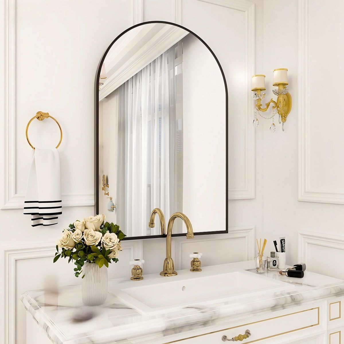 BEAUTYPEAK Arched Bathroom Mirror Wall-mounted Mirror Classic Wall Mirror for Home Decoration