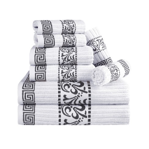 100% Cotton Medium Weight Floral Border Infinity Trim 8 Piece Assorted  Bathroom Towel Set, Black - Blue Nile Mills