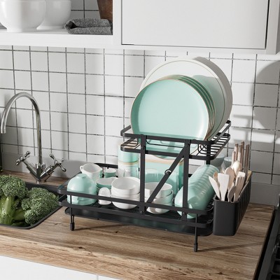 Black Metal and Bamboo 2-Tier Collapsible Dish Drying Rack