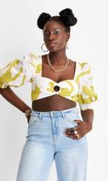 Women's Puff Elbow Sleeve Cut Out Crop Top - Future Collective™ with Alani Noelle White/Olive Floral
