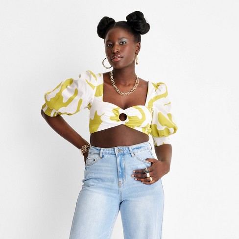 Women's Puff Elbow Sleeve Cut Out Crop Top - Future Collective™ with Alani Noelle White/Olive Floral - image 1 of 3