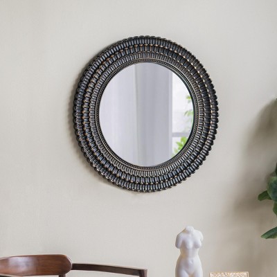 Round Decorative Wall Mirror with Woven Texture, Black and Gold Luxury Accent Mirror for Bathroom, Living Room, or Entryway–The Pop Home