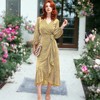 Anna-Kaci Women's Surplice V-Neck Floral Print Tie Wrap Long Sleeve Midi Flared Dress - Medium, Yellow - 2 of 4