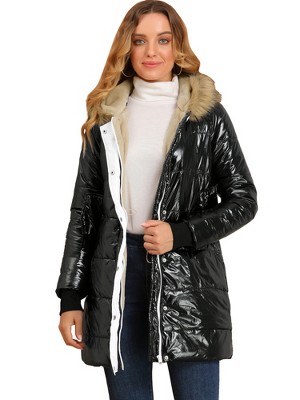 Allegra K Women's Winter Faux Fur Hooded Long Metallic Shiny Puffer ...
