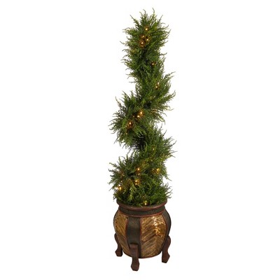 4.5' Indoor/Outdoor Spiral Cypress Artificial Tree with LED Lights in Decorative Planter - Nearly Natural