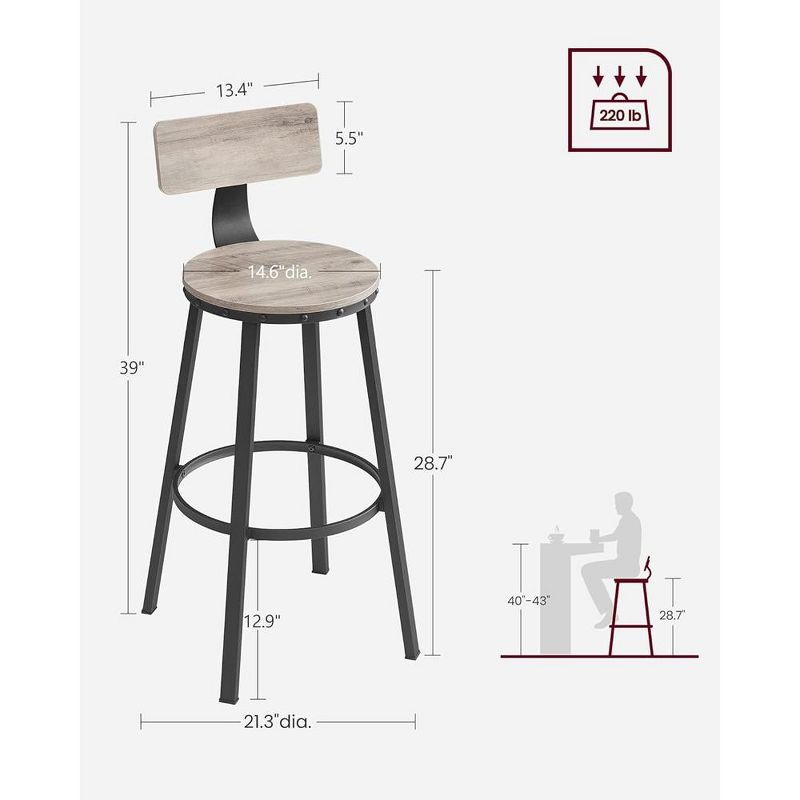 VASAGLE Bar Stools Set of 2, 28.7 Inches Barstools with Back, Counter Stools Bar Chairs with Backrest, Steel Frame, Easy Assembly, Industrial, 3 of 5