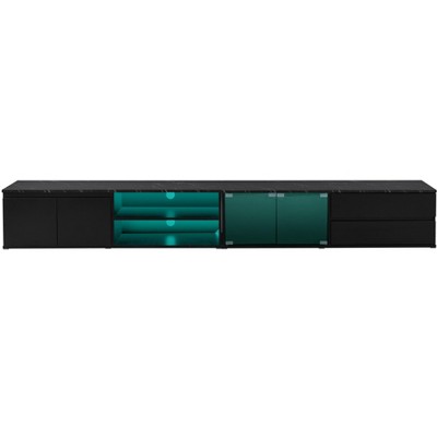 Vynxaria 94" Black Marble TV Center with Tempered Glass Doors and Smart Lighting for TVs Up to 105"L