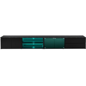 Vynxaria 94" Black Marble TV Center with Tempered Glass Doors and Smart Lighting for TVs Up to 105"L - 1 of 4
