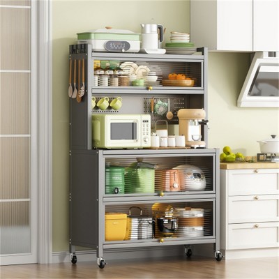 SKRAN 64" Kitchen Pantry Storage Cabinet, 5 Tier Storage Cabinet with Wheels,Door & DIY Hole Board for Kitchen, Living Room and Dining Room, Gray