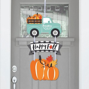 Big Dot of Happiness Happy Fall Truck - Hanging Porch Harvest Pumpkin Party Outdoor Decorations - Front Door Decor - 3 Piece Sign - 1 of 4