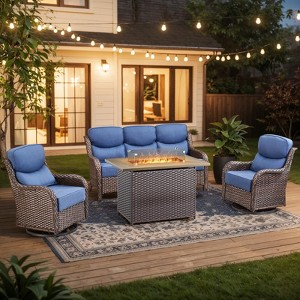 4 Pieces Wicker Outdoor Patio Rattan Sectional Conversation Set with Fire Pit Table and Patio Swivel Glider Chairs Set - 1 of 4