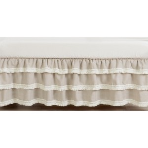 Sweet Jojo Designs Boy or Girl Gender Neutral Unisex 3 Tiered Ruffle Crib Bed Skirt Boho Fringe Linen Taupe and White - 1 of 3