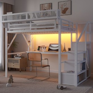 White Full Loft Bed with Desk and Charging Station Full Size Metal Loft Bed with Stairs and Light for Kids Teens - 1 of 4