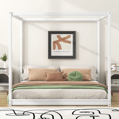 NicBex Twin Size Wooden Canopy Bed, Modern Platform Bed Frame with Fence for Boy and Girl, Easy Assembly