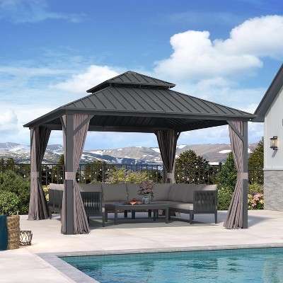 PURPLE LEAF Permanent Hardtop Gazebo Aluminum Frame Gazebo with Galvanized Steel Double Roof, UV-Resistant, Netting & Curtains included - Grey