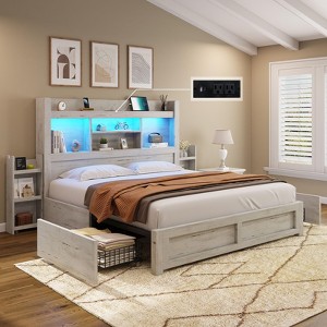 AMERLIFE Bed Frame with Drawers, LED, Bookcase Headboard, Charging, Shelves - 1 of 4