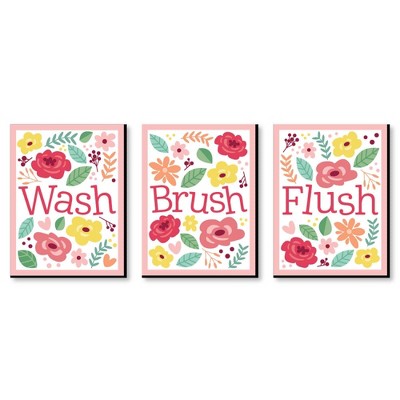 Big Dot of Happiness Floral - Garden Kids Bathroom Rules Wall Art - 7.5 x 10 inches - Set of 3 Signs - Wash, Brush, Flush