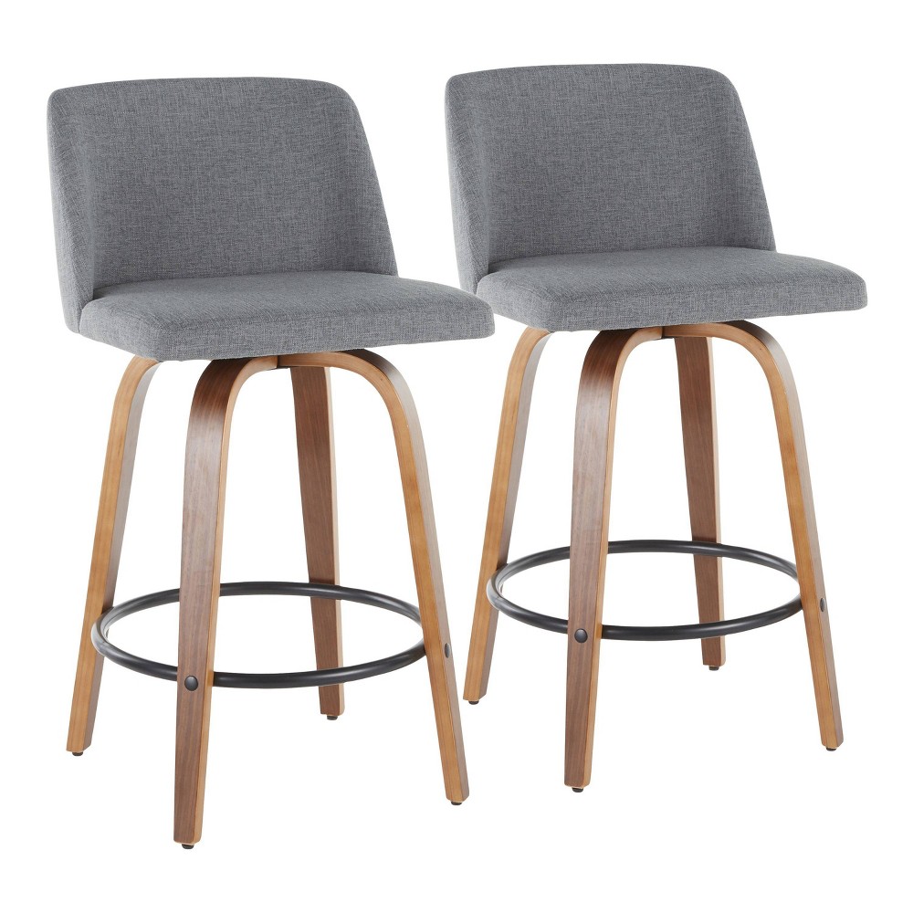 Set of 2 Toriano Mid-Century Modern Counter Height Barstools Walnut/Gray - LumiSource