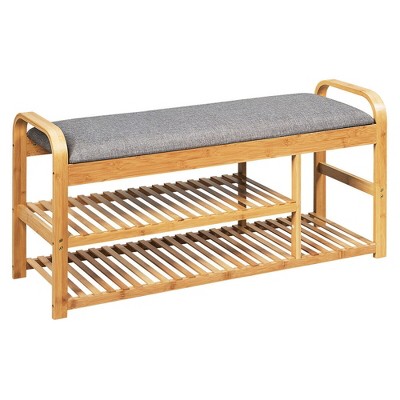 Costway Shoe Rack Entryway 3-Tier Bamboo Shoe Bench Organizer W/Cushion Modern Stool