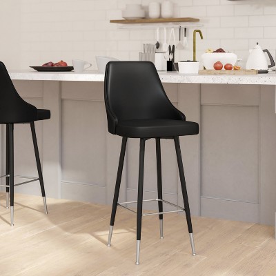 Black Faux Leather Bar Height Stools with Chrome Accents, Set of Two