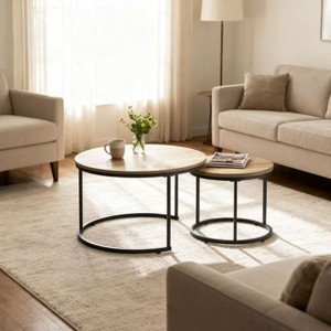 Homy Casa 2-Piece Nesting Coffee Table Set with Round Wood Tops & Metal Frame, Natural Oak - 1 of 4