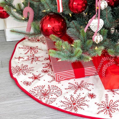 Red and White Cotton Snowflake Embroidered Tree Skirt