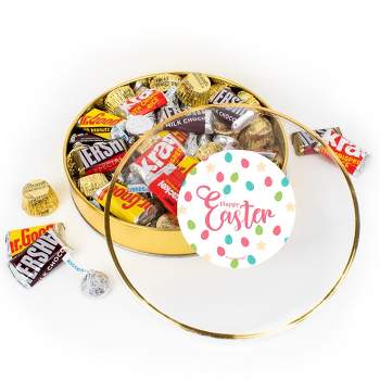 Easter Chocolate Gift Tin - Plastic Tin with Hershey's Kisses, Hershey's Miniatures & Reese's Peanut Butter Cups - Eggs & Flowers - By Just Candy