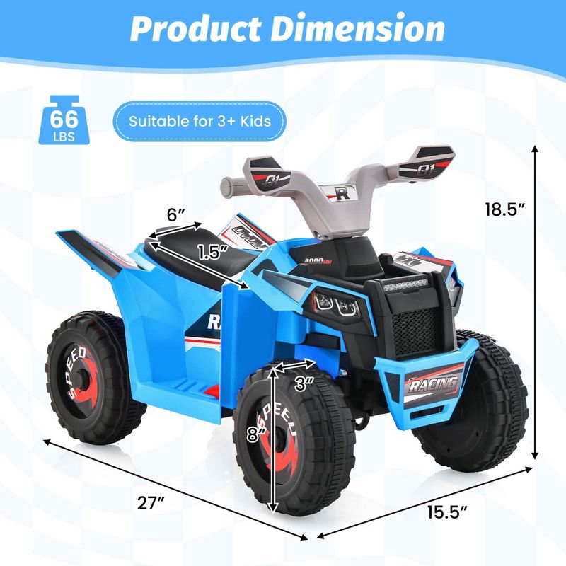 Costway Kids Ride on ATV 4 Wheeler Quad Toy Car 6V Battery Powered Motorized Toy Blue, 3 of 10