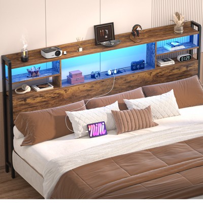 Aheaplus Headboard with Storage shelves and Charging Station, Wood Headboard with LED Light