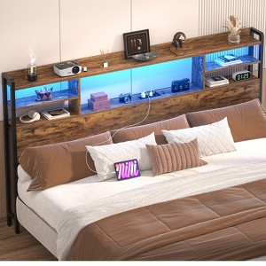 Aheaplus Headboard with Storage shelves and Charging Station, Wood Headboard with LED Light - 1 of 4