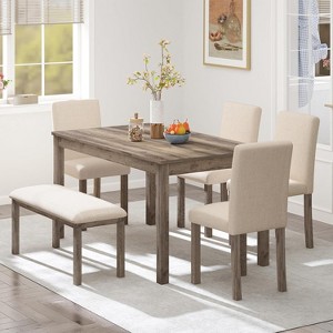 Zevemomo 6-Piece Solid Wood Dining Set with 1 Table,4 Upholstered Chairs&1 Bench,Wooden Legs Dining Table Set for Dining Room Kitchen Restaurant,Brown - 1 of 4