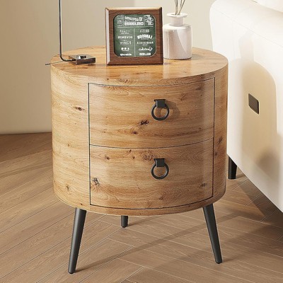 Round End Table with Drawer, Modern Nightstand with Storage Shelf, Wooden Accent Side Table with Metal Legs for Living Room or Bedroom