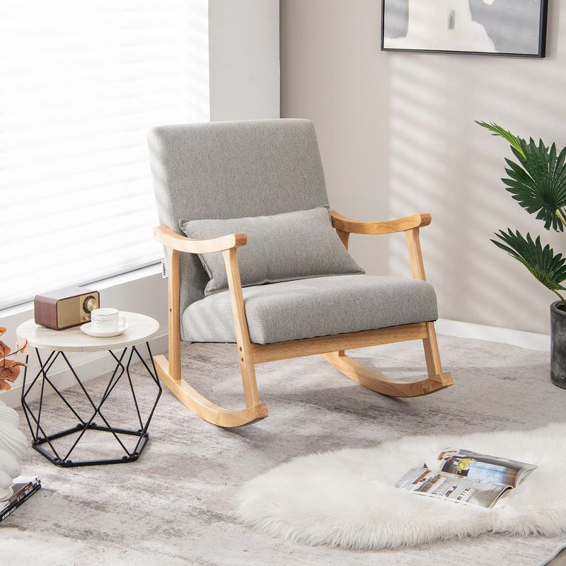 Costway Upholstered Rocking Chair with Pillow Rocking Armchair with Rubber Wood Frame Grey, 4 of 11