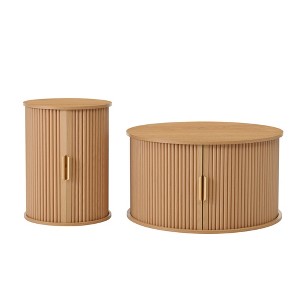 Gulches Natural Round MDF Indoor Coffee Table Set 2-Piece 31x31x23 Inch Mid-Century Golden Handle Storage Sliding Door - 1 of 4