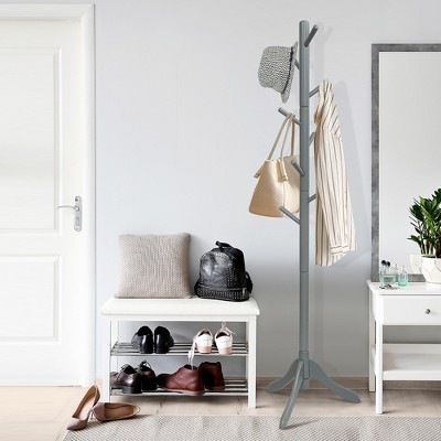 Gray Rubber Wood Adjustable Height Coat Rack with 8 Hooks