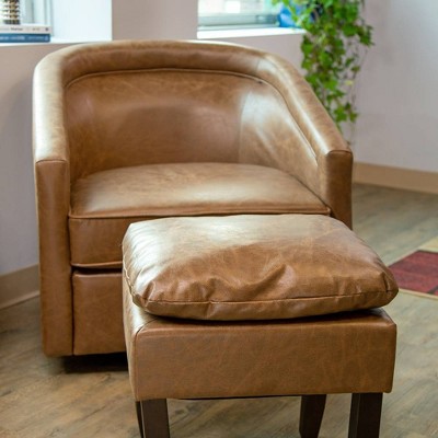 Walnut Faux Leather Swivel Barrel Chair with Metal Base