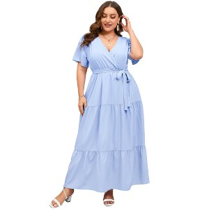 BLUEMING Summer Maxi Dress for Plus Size Women Tie Wasit Surplice Dress Flutter Sleeve A-Line Dress - 1 of 4