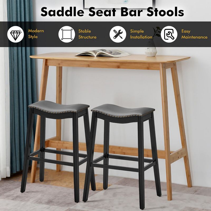 Tangkula Set of 2 Saddle Bar Stools Bar Height Kitchen Chairs w/ Rubber Wood Legs, 5 of 11