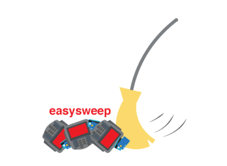 Cartoon broom shown sweeping three credit card payment terminals with "easysweep" in red text above them